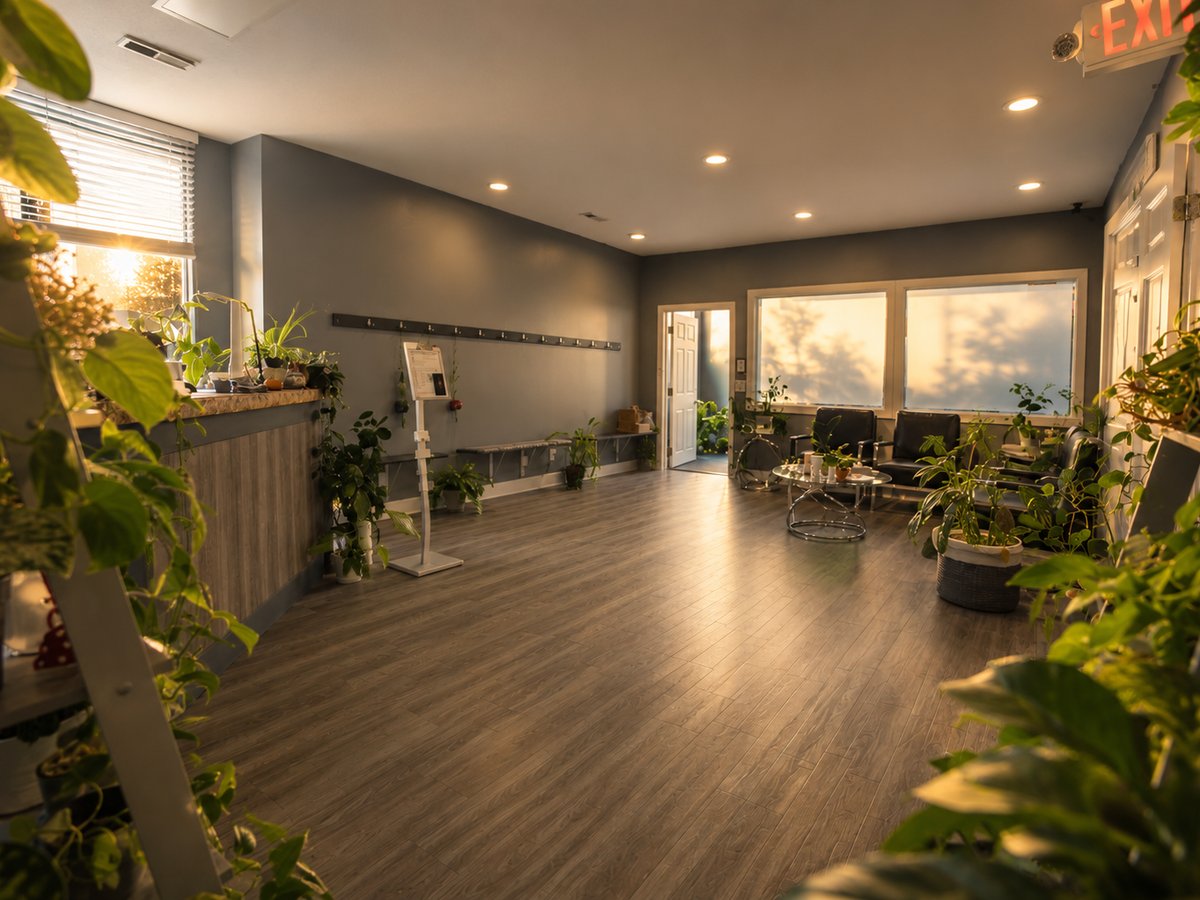 CGW Studios front lobby and counter at golden hour.